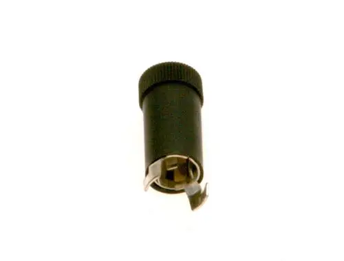 Schwarze Schraubkappe von Bosch mit gewelltem oberen Teil und einem Metallclip an der Unterseite.